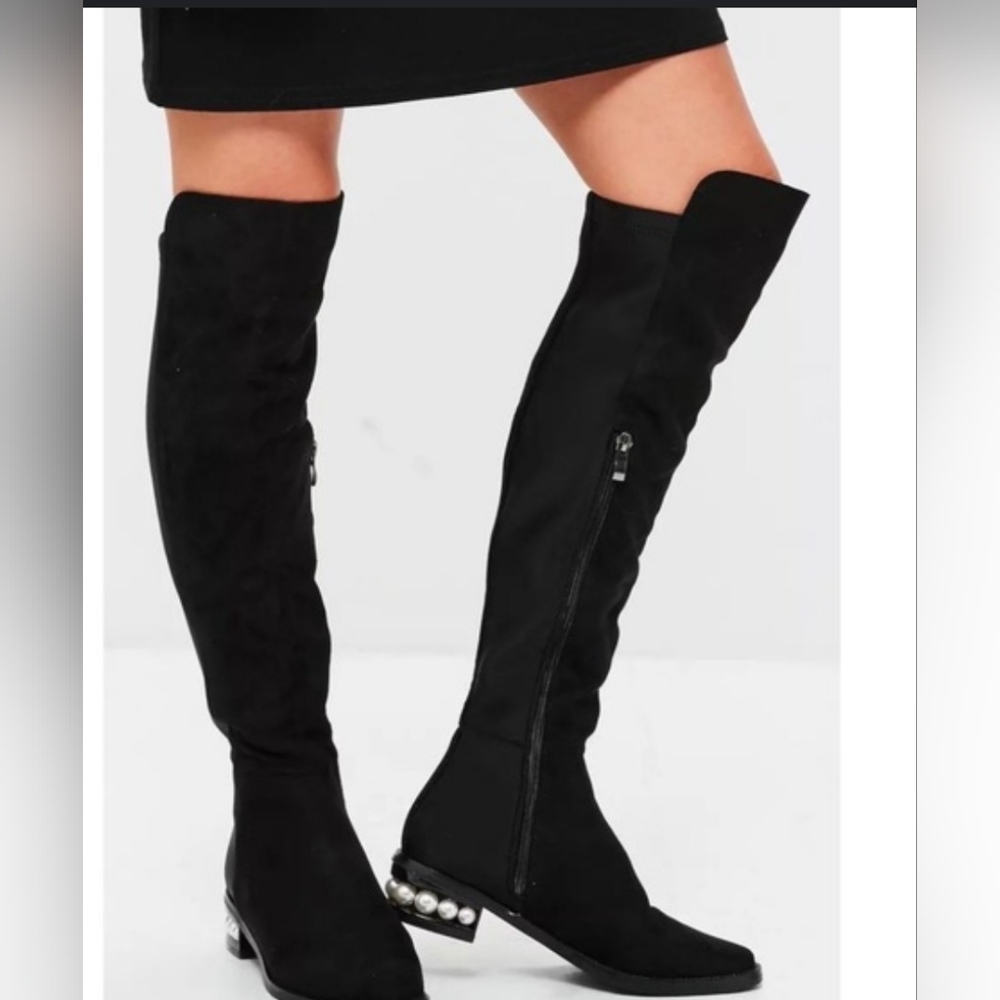 COPY - CATHERINE MALANDRINO black BOOTS PEARL HEEL. 25" shaft height